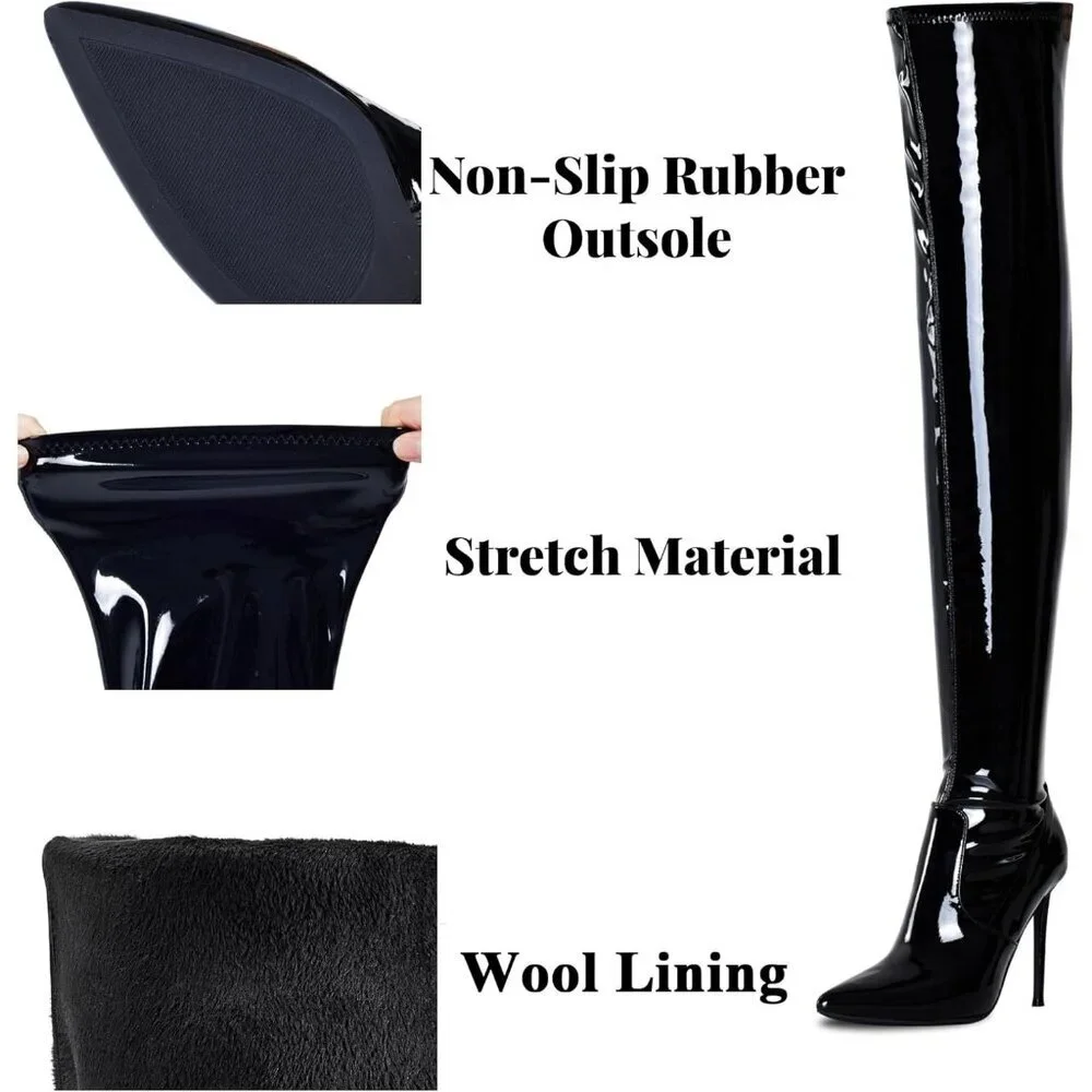Women Black Patent Wools Lining Pointed Toe 4.3 inch Stilettos Thigh High Boots